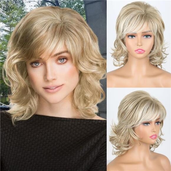Highlight Blonde Short Curly Wavy Wig - Short Layered Wigs with Bangs,